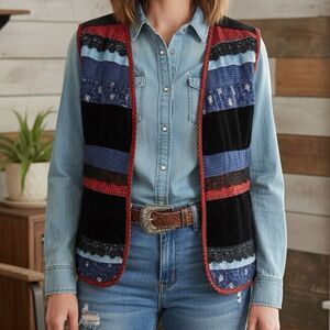Coldwater Creek Velvet Gingham Tiered Lace Holiday Country Western Vest XL